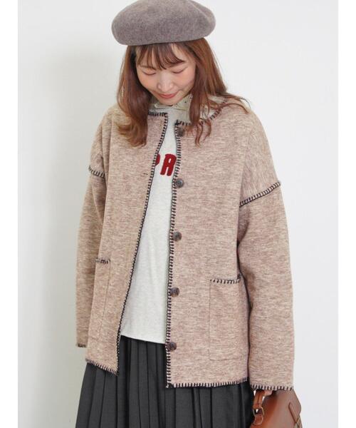 Samansa Mos2（サマンサ モスモス）の「【マシンウォッシャブル】ブランケットステッチニットジャケット（ノーカラージャケット・レディース・ブラック/ベージュ/キャメル・F）」の7枚目の写真