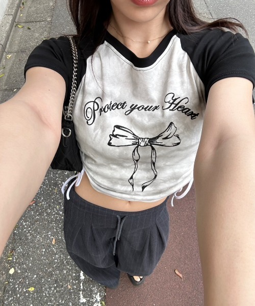 セール】Y2K サイドシャーリング リボン デザイン ラグラン コンパクト