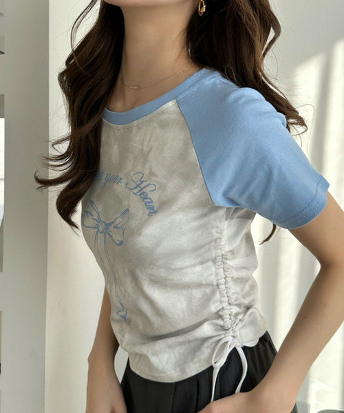 Ada.（エイダ）の「Y2K サイドシャーリング リボン デザイン ラグラン コンパクト Tシャツ（Tシャツ/カットソー・レディース・レッド/ブラック/グレー/ネイビー/ライトブルー/ピンク/ブラウン・S/M）」の21枚目の写真