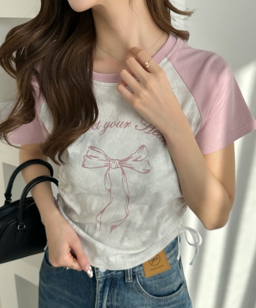 Ada.（エイダ）の「Y2K サイドシャーリング リボン デザイン ラグラン コンパクト Tシャツ（Tシャツ/カットソー・レディース・レッド/ブラック/グレー/ネイビー/ライトブルー/ピンク/ブラウン・S/M）」の8枚目の写真