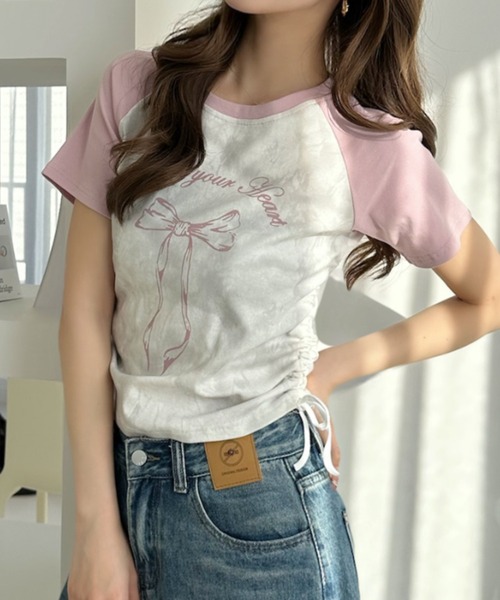 Ada.（エイダ）の「Y2K サイドシャーリング リボン デザイン ラグラン コンパクト Tシャツ（Tシャツ/カットソー・レディース・レッド/ブラック/グレー/ネイビー/ライトブルー/ピンク/ブラウン・S/M）」の9枚目の写真