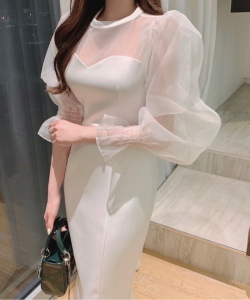 Teem Store(チームストア)の「シースルー チュール切り替えマーメイドドレス(ワンピース・レディース・ブラック/ホワイト・F)」の4枚目の写真