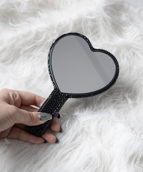 ラインストーンブラックハートハンドミラー ／ rhinestone black heart