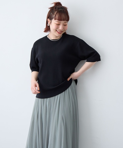 anyfee(エニフィー)の「【anyfee/プラスサイズ】ドライタッチ半袖ニット《接触冷感/洗濯可能》(ニット/セーター・レディース・ブラック/オフホワイト/オレンジ・5L/4L/LL/3L)」の7枚目の写真