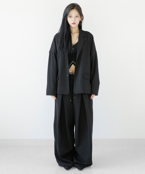 minsobi（ミンソビ）の「セットアップ対応 ルーズテーラードジャケット ユニセックス ビッグシルエットジャケット（テーラードジャケット・メンズ・ブラック・FREE）」の14枚目の写真