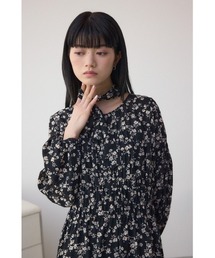 【身長/骨格別着用画像あり】シアーチェックフラワー柄ワンピース 春服 秋服 花柄 総柄 長袖 ロングワンピース リボンタイ