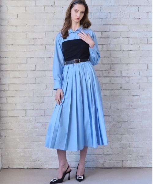 Meline M(メリンエム)の「Bijou Pleated Layered Dress ビジュープリーツレイヤードワンピース(ワンピース・レディース・ホワイト/スカイブルー系・FREE)」の1枚目の写真