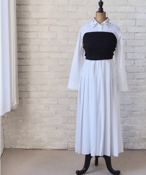 Meline M(メリンエム)の「Bijou Pleated Layered Dress ビジュープリーツレイヤードワンピース(ワンピース・レディース・ホワイト/スカイブルー系・FREE)」の5枚目の写真