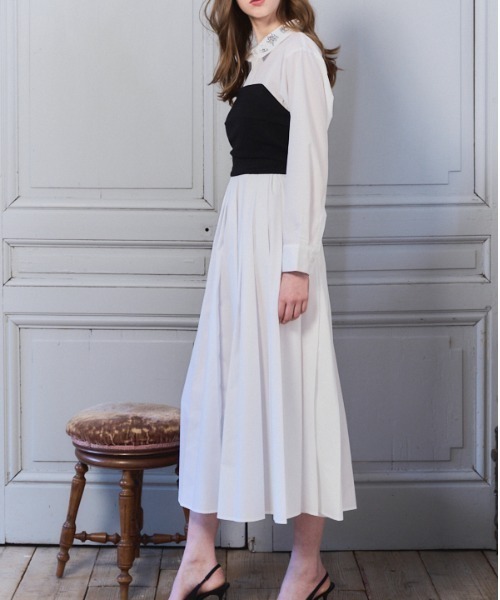 Meline M(メリンエム)の「Bijou Pleated Layered Dress ビジュープリーツレイヤードワンピース(ワンピース・レディース・ホワイト/スカイブルー系・FREE)」の10枚目の写真