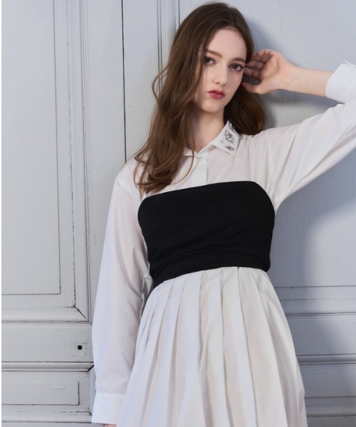 Meline M(メリンエム)の「Bijou Pleated Layered Dress ビジュープリーツレイヤードワンピース(ワンピース・レディース・ホワイト/スカイブルー系・FREE)」の15枚目の写真