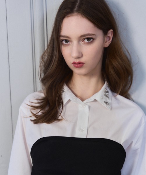 Meline M(メリンエム)の「Bijou Pleated Layered Dress ビジュープリーツレイヤードワンピース(ワンピース・レディース・ホワイト/スカイブルー系・FREE)」の7枚目の写真
