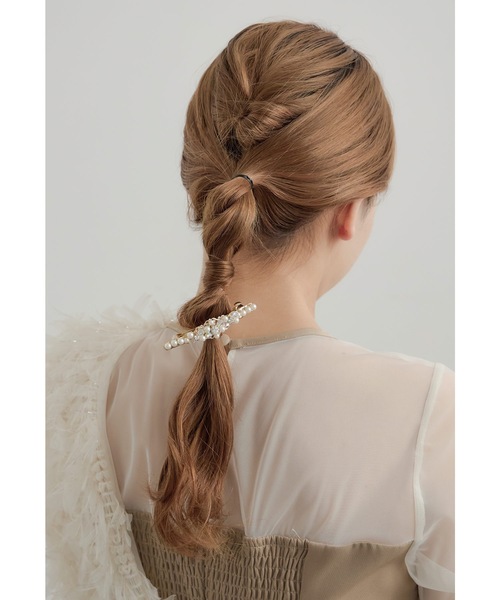 チュール ベージュ バレッタ ヘアアクセサリー パーティー ヴァンテーヌ バレッタ（M） パール ビジュー リーフ エレガント