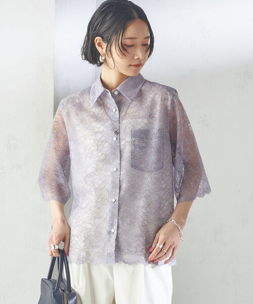 SHIPS（シップス）の「〈手洗い可能〉ラッセル レース シャツ（シャツ/ブラウス・レディース・ネイビー/サックスブルー/オフホワイト・ONE SIZE）」の7枚目の写真