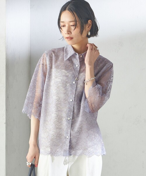 SHIPS（シップス）の「〈手洗い可能〉ラッセル レース シャツ（シャツ/ブラウス・レディース・ネイビー/サックスブルー/オフホワイト・ONE SIZE）」の8枚目の写真