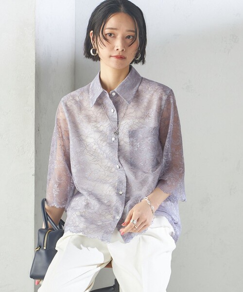 SHIPS（シップス）の「〈手洗い可能〉ラッセル レース シャツ（シャツ/ブラウス・レディース・ネイビー/サックスブルー/オフホワイト・ONE SIZE）」の15枚目の写真