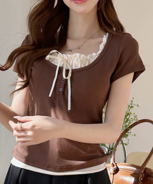 Ada.(エイダ)の「レイヤード風 カットソー トップス バレエコア ウィッシュコア(Tシャツ/カットソー・レディース・グレー/ネイビー/レッド/ブラック/ブラウン/ホワイト/ライトブルー/チャコール・M/S/L)」の5枚目の写真