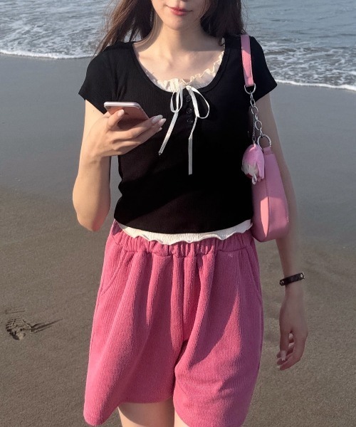 00s バレエコア ウィッシュコア 重ね着風 リボン ハシゴレース カットソー Ada. tシャツ レイヤード風 カットソー トップス バレエコア