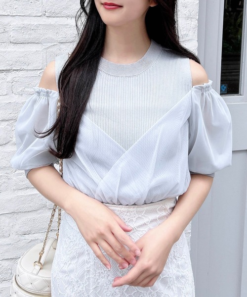 INGNI（イング）の「チュールカシュクール半袖ニット（ニット/セーター・レディース・ピンク/ブラック/ブルーグレー/オフホワイト・M）」の4枚目の写真