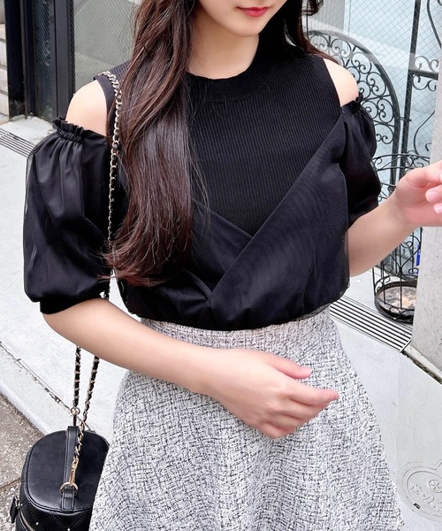 INGNI（イング）の「チュールカシュクール半袖ニット（ニット/セーター・レディース・ピンク/ブラック/ブルーグレー/オフホワイト・M）」の3枚目の写真