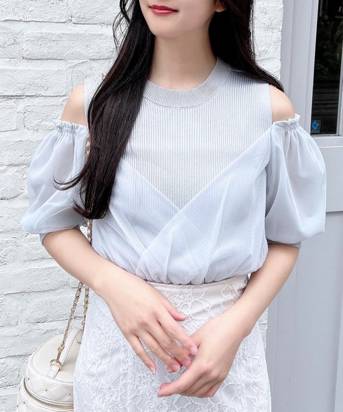 INGNI（イング）の「チュールカシュクール半袖ニット（ニット/セーター・レディース・ピンク/ブラック/ブルーグレー/オフホワイト・M）」の19枚目の写真