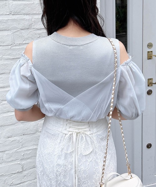 INGNI（イング）の「チュールカシュクール半袖ニット（ニット/セーター・レディース・ピンク/ブラック/ブルーグレー/オフホワイト・M）」の21枚目の写真