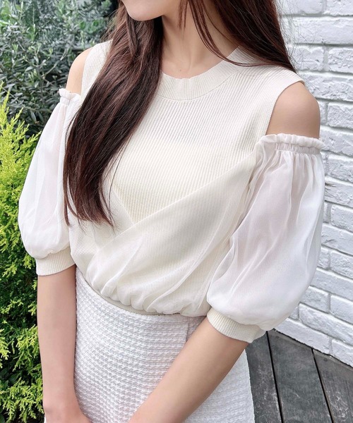 INGNI（イング）の「チュールカシュクール半袖ニット（ニット/セーター・レディース・ピンク/ブラック/ブルーグレー/オフホワイト・M）」の10枚目の写真