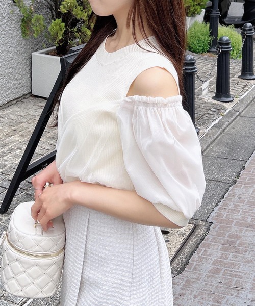 INGNI（イング）の「チュールカシュクール半袖ニット（ニット/セーター・レディース・ピンク/ブラック/ブルーグレー/オフホワイト・M）」の6枚目の写真