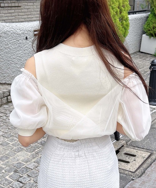 INGNI（イング）の「チュールカシュクール半袖ニット（ニット/セーター・レディース・ピンク/ブラック/ブルーグレー/オフホワイト・M）」の7枚目の写真