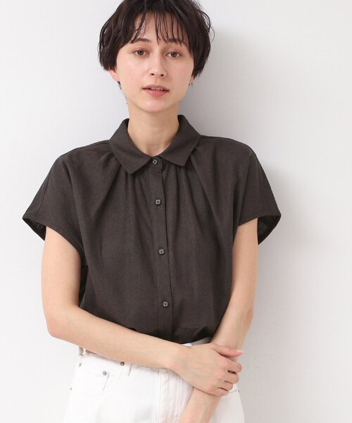 Dessin(デッサン)の「◆【洗える】シャツカラーフレンチスリーブブラウス(XS~L)(シャツ/ブラウス・レディース・ナチュラル/ライトブルー/ブラウン系その他・03/02/01/00)」の2枚目の写真