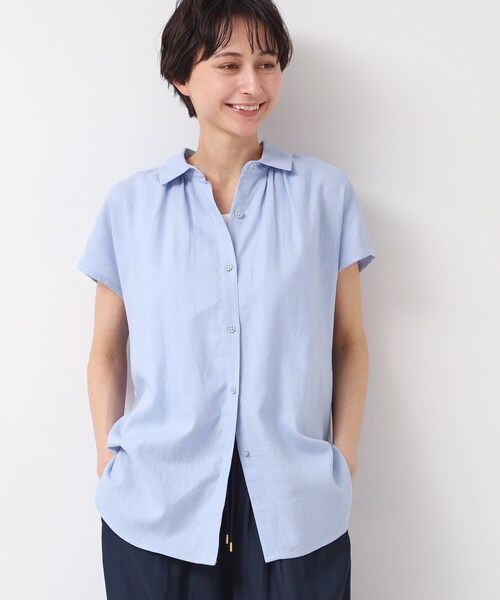 Dessin(デッサン)の「◆【洗える】シャツカラーフレンチスリーブブラウス(XS~L)(シャツ/ブラウス・レディース・ナチュラル/ライトブルー/ブラウン系その他・03/02/01/00)」の1枚目の写真