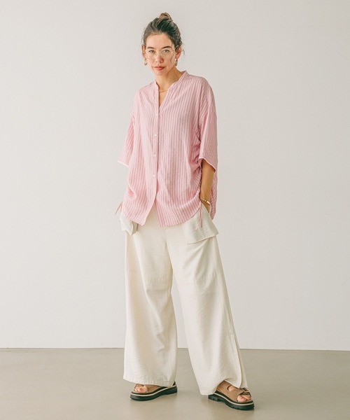 BAYFLOW（ベイフロー）の「[サイドリボンがポイント]シアーシャーリングシャツ（シャツ/ブラウス・レディース・ベージュ/ピンク/オフホワイト/ライトブルー・FREE）」の8枚目の写真