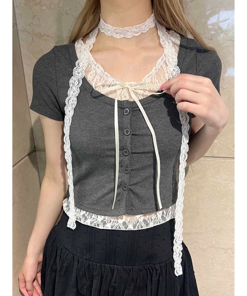 PHILLY（フィリー）の「【PHILLY】レースレイヤードフェイクカーディガン（カーディガン/ボレロ・レディース・グレー/ブラック/ピンク・FREE）」の3枚目の写真