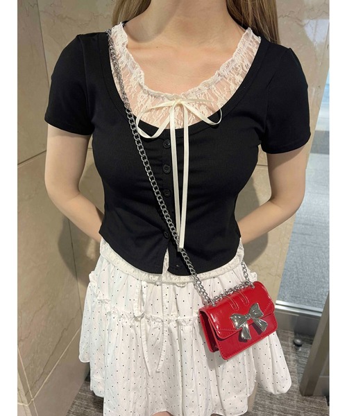 PHILLY（フィリー）の「【PHILLY】レースレイヤードフェイクカーディガン（カーディガン/ボレロ・レディース・グレー/ブラック/ピンク・FREE）」の2枚目の写真