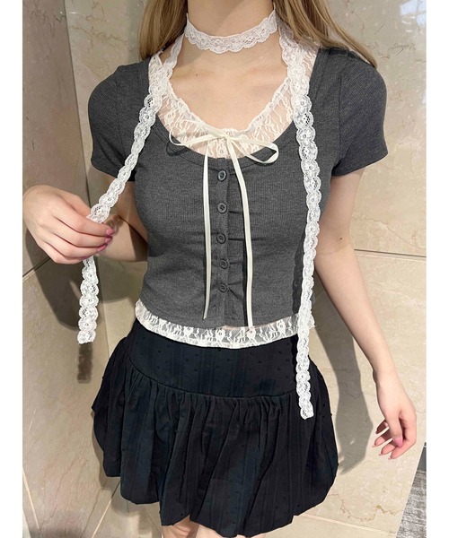 PHILLY（フィリー）の「【PHILLY】レースレイヤードフェイクカーディガン（カーディガン/ボレロ・レディース・グレー/ブラック/ピンク・FREE）」の9枚目の写真