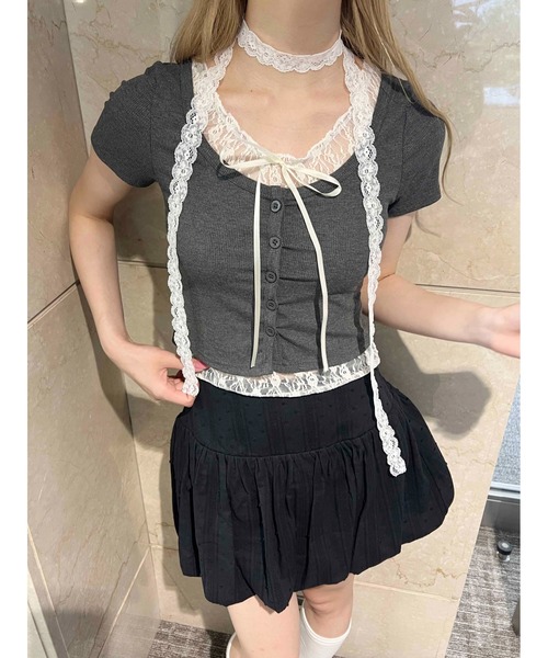 PHILLY（フィリー）の「【PHILLY】レースレイヤードフェイクカーディガン（カーディガン/ボレロ・レディース・グレー/ブラック/ピンク・FREE）」の10枚目の写真