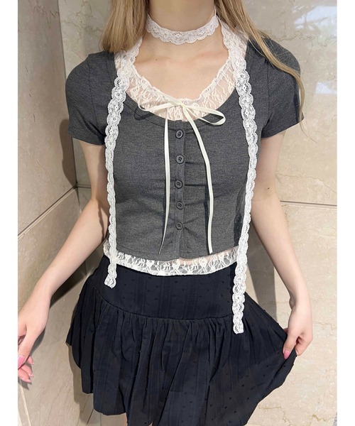 PHILLY（フィリー）の「【PHILLY】レースレイヤードフェイクカーディガン（カーディガン/ボレロ・レディース・グレー/ブラック/ピンク・FREE）」の11枚目の写真