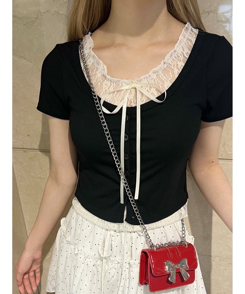 PHILLY（フィリー）の「【PHILLY】レースレイヤードフェイクカーディガン（カーディガン/ボレロ・レディース・グレー/ブラック/ピンク・FREE）」の6枚目の写真