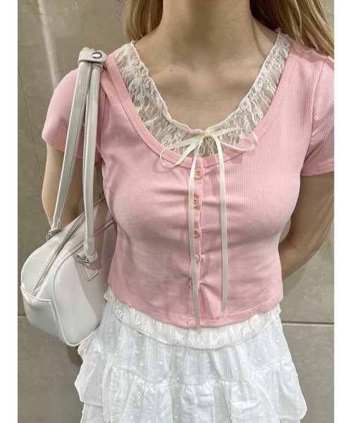 PHILLY（フィリー）の「【PHILLY】レースレイヤードフェイクカーディガン（カーディガン/ボレロ・レディース・グレー/ブラック/ピンク・FREE）」の13枚目の写真