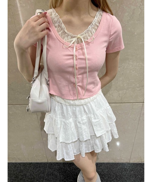 PHILLY（フィリー）の「【PHILLY】レースレイヤードフェイクカーディガン（カーディガン/ボレロ・レディース・グレー/ブラック/ピンク・FREE）」の14枚目の写真