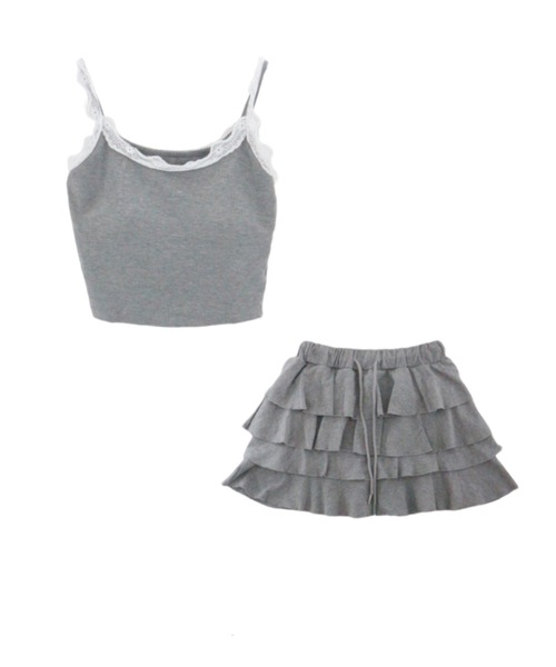キャミソール 「2点セット」Frilled Cami ＆ Tiered Mini Skirt / フリルキャミソール＆ティアードミニスカート セットア 2点セット】Frilled Cami & Tiered Mini Skirt / フリル