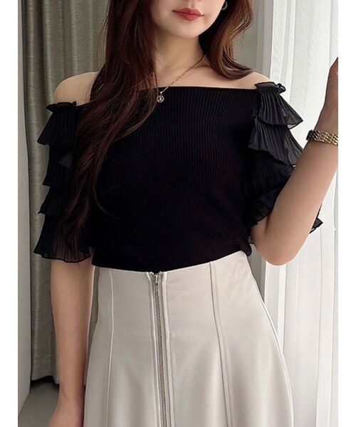 MERCURYDUO（マーキュリーデュオ）の「異素材ティアードスリーブニット（ニット/セーター・レディース・ミント/オフホワイト/ブラック・FREE）」の3枚目の写真