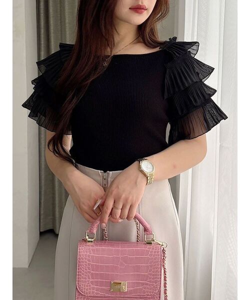 MERCURYDUO（マーキュリーデュオ）の「異素材ティアードスリーブニット（ニット/セーター・レディース・ミント/オフホワイト/ブラック・FREE）」の16枚目の写真