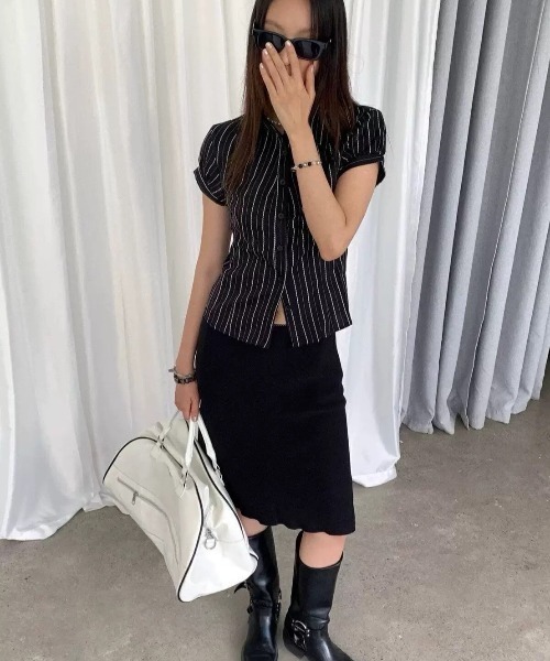 UP START(アップスタート)の「【LAMPOON】タイトストライプシャツ(シャツ/ブラウス・レディース・ブラック/ブルー・MEDIUM/LARGE/SMALL)」の13枚目の写真