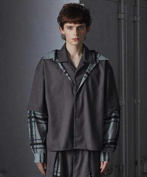GRANCY レイヤード デザイン オープンカラー シャツ ブラック　L GRANCY】Layered Design Open Collar Shirt / レイヤード