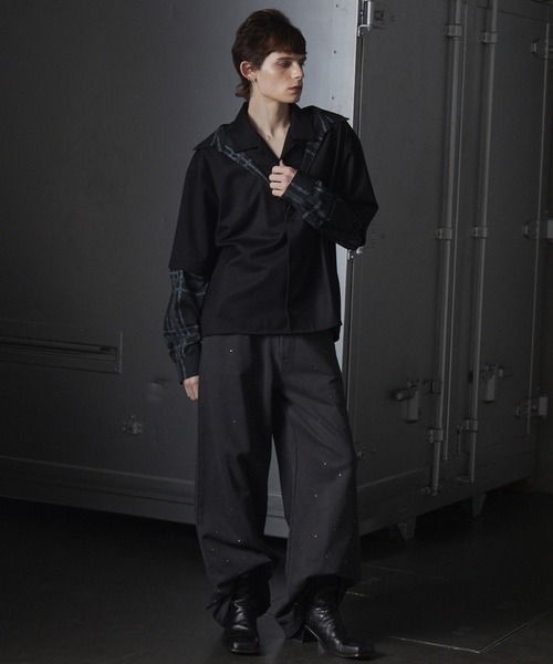 【GRANCY】レイヤードデザインオープンカラーシャツ ブラックSサイズ GRANCY】Layered Design Open Collar Shirt / レイヤード