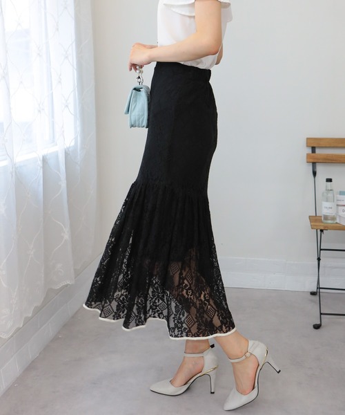 pumpkin port（パンプキンポート）の「総レース 裾パイピング ティアードロングスカート（スカート・レディース・ブラック/サックスブルー/グリーン・M）」の7枚目の写真