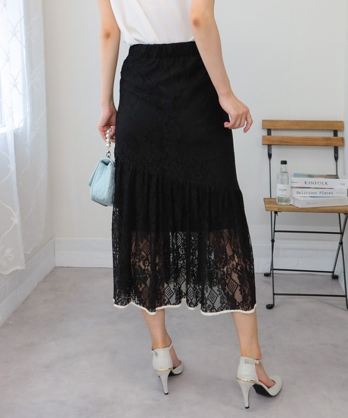 ⭐︎美品　popelin スカート付ロンパース セール】総レース 裾パイピング ティアードロングスカート