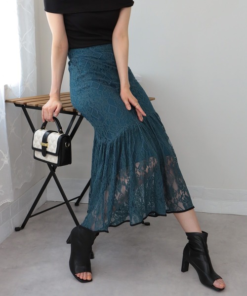 ⭐︎美品　popelin スカート付ロンパース セール】総レース 裾パイピング ティアードロングスカート