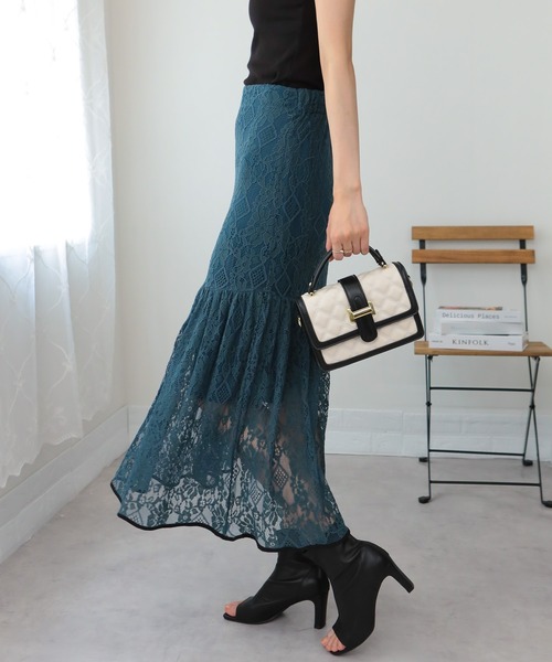 pumpkin port（パンプキンポート）の「総レース 裾パイピング ティアードロングスカート（スカート・レディース・ブラック/サックスブルー/グリーン・M）」の14枚目の写真