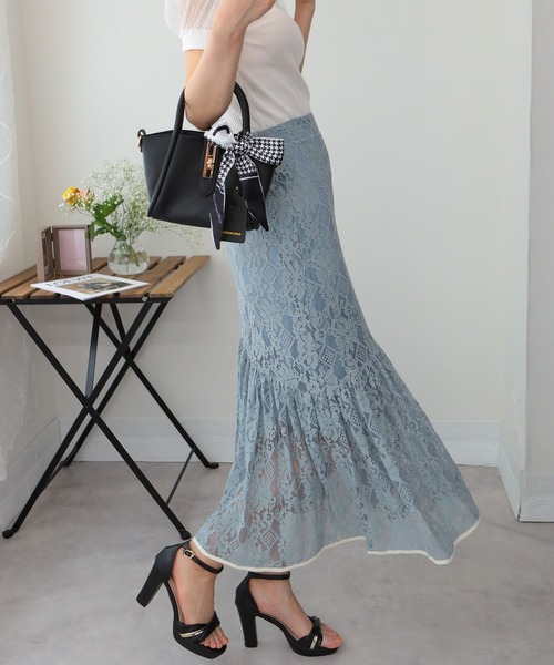 pumpkin port（パンプキンポート）の「総レース 裾パイピング ティアードロングスカート（スカート・レディース・ブラック/サックスブルー/グリーン・M）」の19枚目の写真